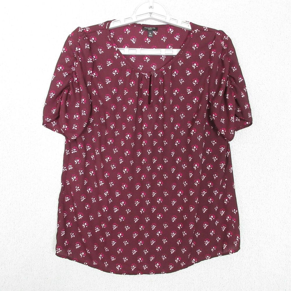 Talbots Blouse Womens MP Petite Burgundy‎ Floral Short Sleeve Scoop Neck Top